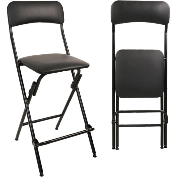 Folding Bar Stool with Backrest Leather Padded Portable Folding Stool Chair Counter Height Foldable Collapsible Stool for Kitchen Bar 2 Pack (Black, 25" H 2Pack)