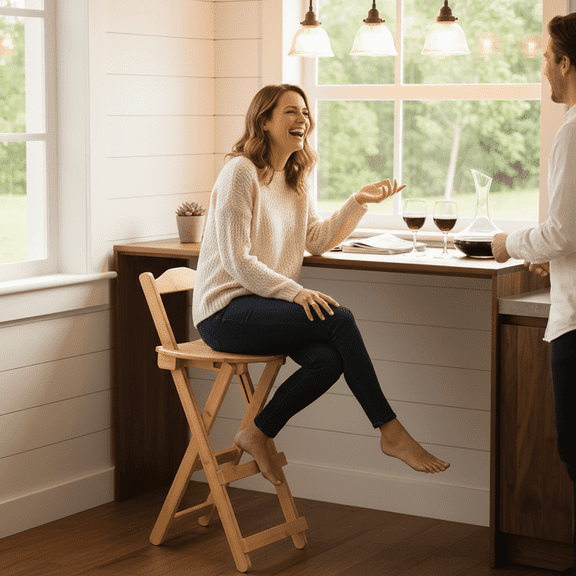 Folding Bar Stool with Backrest & Footrest,Portable Medium-Height Stool for Outdoor,Kitchen&Cafe (Natural Wood)