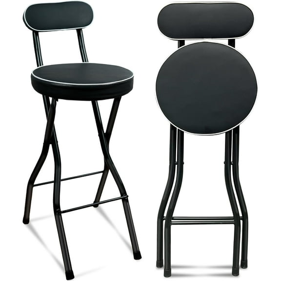 Folding Bar Stool with Backrest, Leather Upholstered Portable Counter Height Folding Stool (Black)