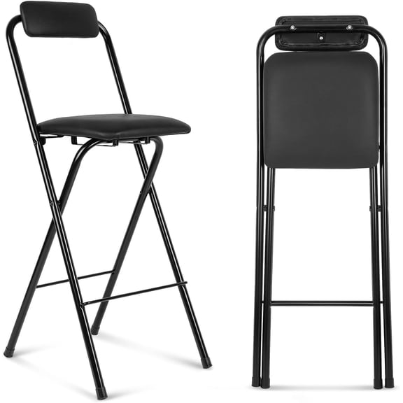Folding Bar Stool with Backrest, Portable 25.5 Inch Black Metal Frame and Leather Seat