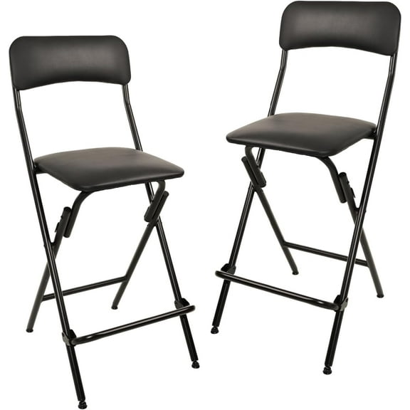 Folding Bar Stool with Footrest, Portable, Sturdy, Space-Saving Storage, 300lb Capacity, 24" Height, Black, Set of 2