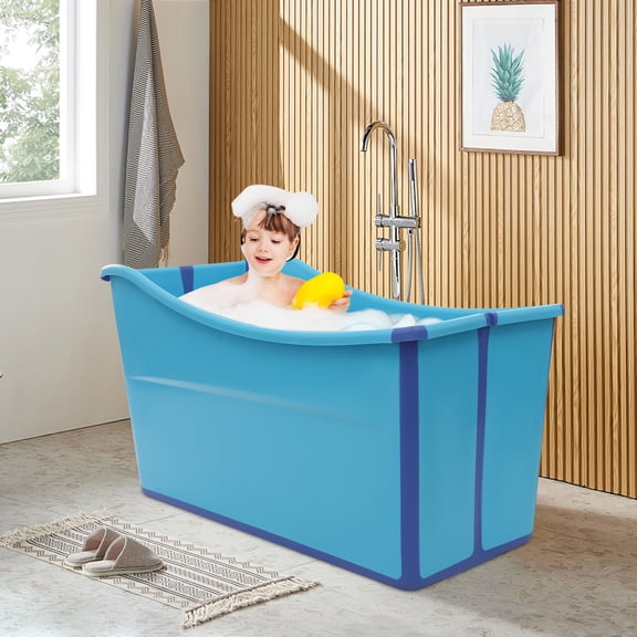 Folding Bathtub, Adult Bathtub 38.9 X 18.5 inch Free Standing Adult Twin Bathtubs Portable Tub Home SPA Bath Cold Therapy Tub for Recovery Capacity 39.7Gal- Blue