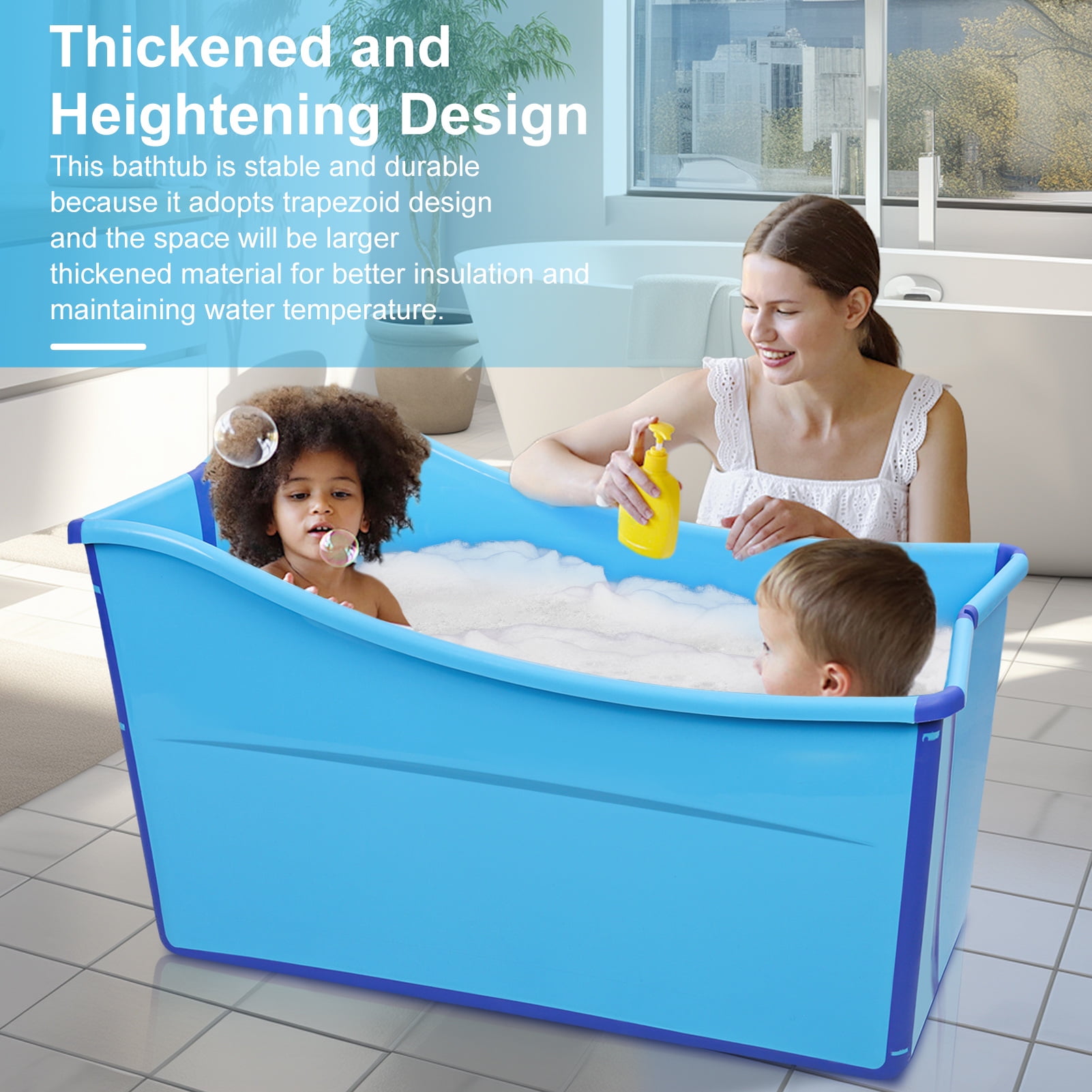 Baellsa Folding Bathtub Portable Shower Bath Tub, for Children Twins Efficiently Maintaining Temperature Soaking Tub, Blue, Lightweight