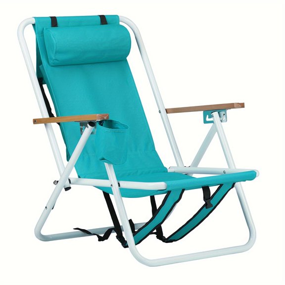 Folding Beach Chair, 4 Position Portable Backpack Foldable Camping Chair with Headrest Cup Holder And Wooden Armrests, Green