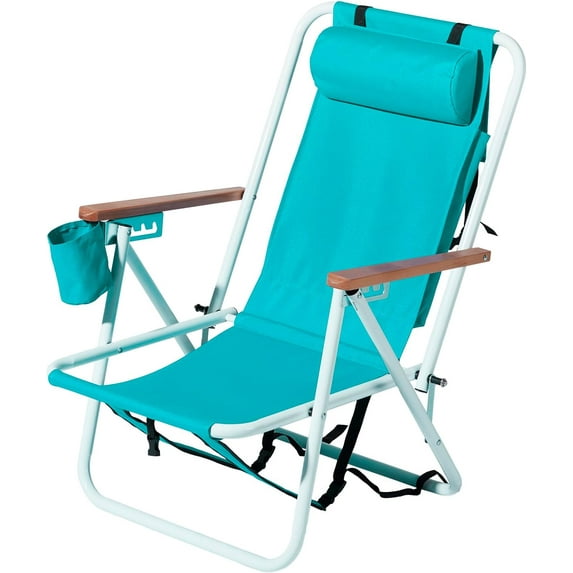 Folding Beach Chair, 4 Position Portable Backpack Foldable Camping Chair with Headrest Cup Holder and Wooden Armrests, Green