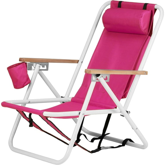 Folding Beach Chair, 4 Position Portable Backpack Foldable Camping Chair with Headrest Cup Holder and Wooden Armrests, Pink