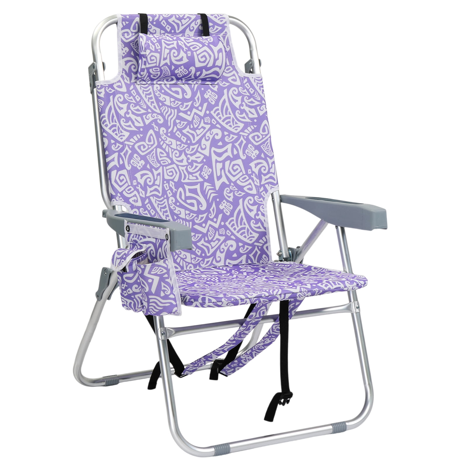 Folding Beach Chair 5-Position Adjustable Backrest Lay Flat Higher Seat Portable Outdoor Chair with Storage Pockets & Cup Holder Lightweight Aluminum Frame
