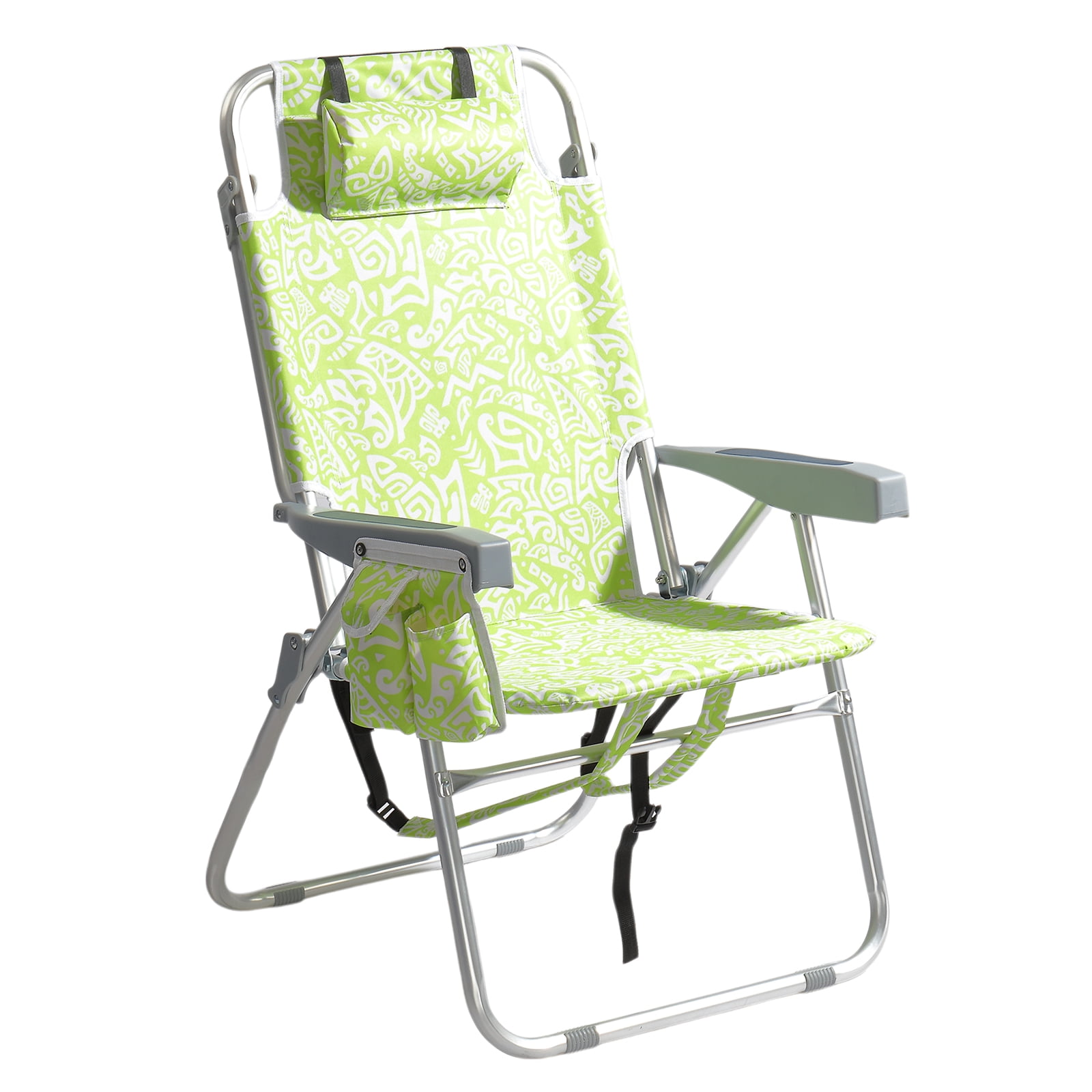 Folding Beach Chair 5-Position Adjustable Backrest Lay Flat Higher Seat Portable Outdoor Chair with Storage Pockets Cup Holder Lightweight Aluminum Frame