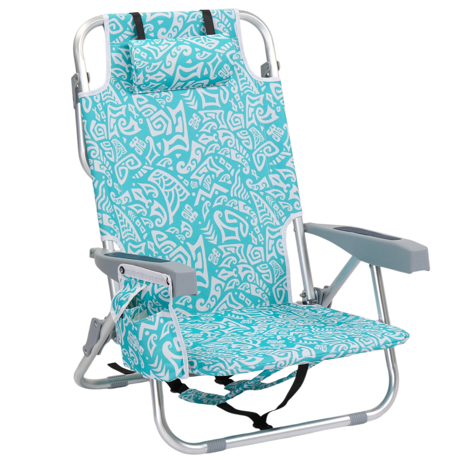 Folding Beach Chair with 5-Position Adjustable Backrest, Lightweight Aluminum Frame, Cup Holder & Storage Pouch, Portable Outdoor Chair for Camping Picnic Backyard
