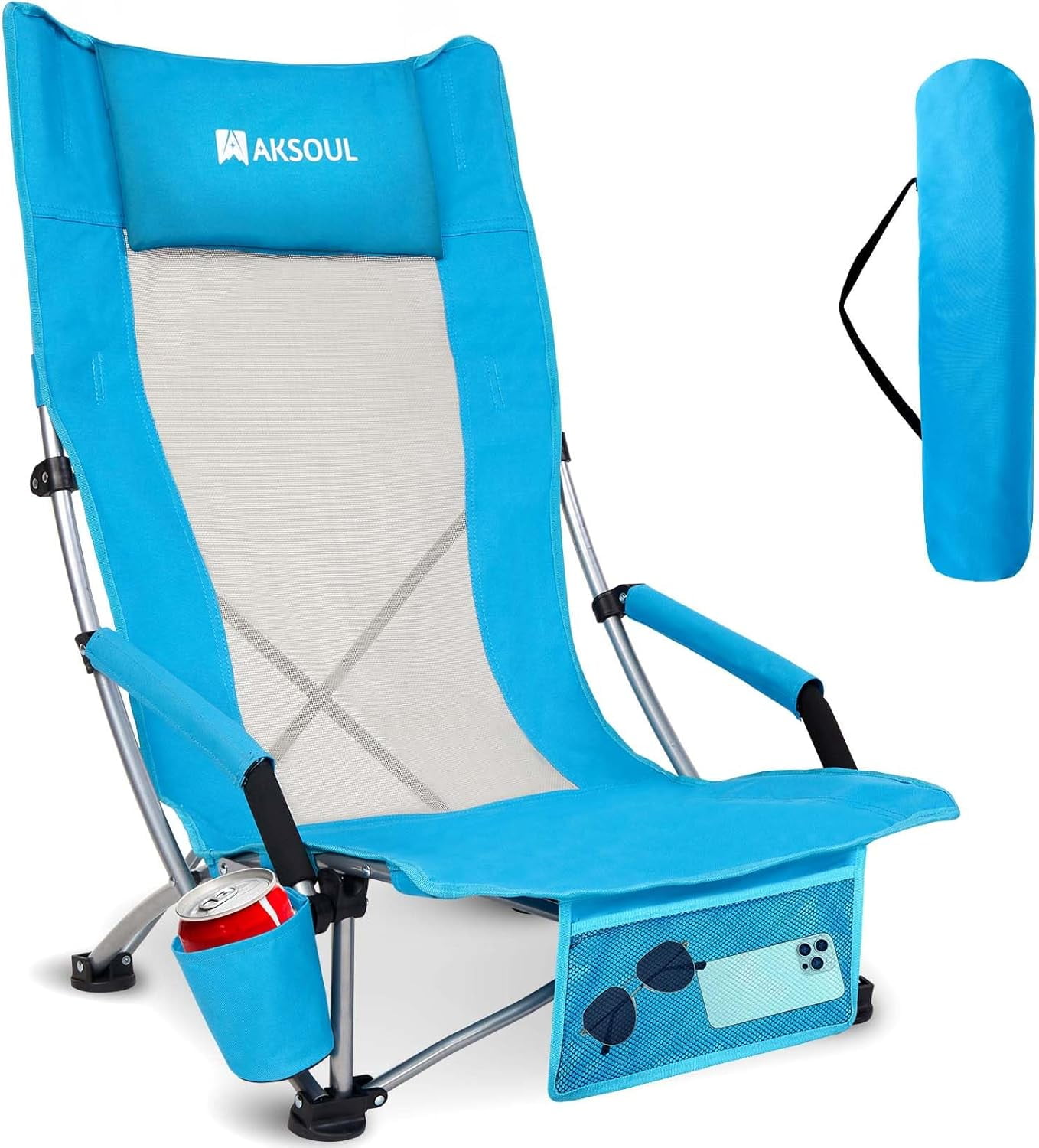 Folding Beach Chair for Adults: Low/High Back Chairs with Carry Bag - Extra Wide Seat Chair with Comfortable Pillow & Storage Pocket (1 Pack & 2 Pack, Blue)