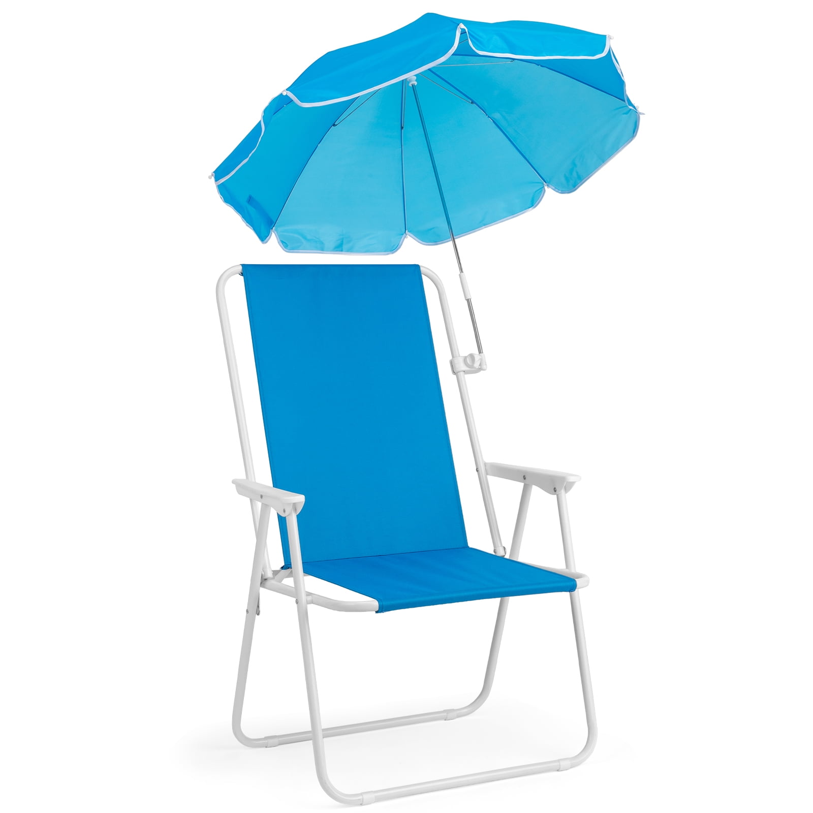 Folding Beach Chair with Detachable UV Umbrella, High Back Outdoor Lounge Chair with Armrest, Iron Frame Supports 265lbs, Lightweight Portable Foldable Chair for Beach Park Camping Concert