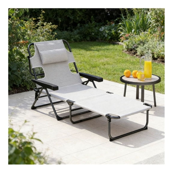 Folding Beach Chair Lounge, Outdoor Sun Chair - Cream White, Adjustable 4-Position, Portable & Lightweight, Metal Frame, Reading Hole