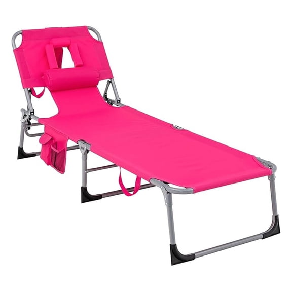 Folding Beach Chair Lounger, Pink - Adjustable Backrest, Face Hole, Pillow & Carry Handle - Patio, Poolside, Sunbathing Lounge Chair