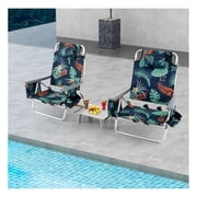 Folding Beach Chair Set, 2 Pack Outdoor Reclining Camping Chairs with Table, 5-Position Adjustable Backpack Chair for Fishing, Sunbathing, Green/Navy
