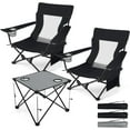 thumbnail image 1 of Folding Beach Chair Set of 3, Foldable Black Camping Chairs & Grey Table for Outside, Low Beach Chair Portable for Adults Fishing, Picnic, Outdoor BBQ, Cup Holder & Storage Bag, 1 of 16