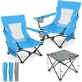thumbnail image 1 of Folding Beach Chair Set of 3, Foldable Blue Camping Chairs & Grey Table for Outside, Low Beach Chair Portable for Adults Fishing, Picnic, Outdoor BBQ, Travel, Sports, Cup Holder & Storage Bag, 1 of 16