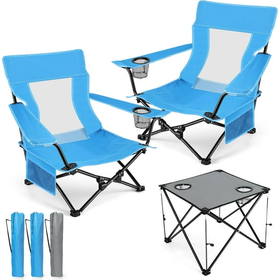 Folding Beach Chair Set of 3, Foldable Blue Camping Chairs & Grey Table for Outside, Low Beach Chair Portable for Adults Fishing, Picnic, Outdoor BBQ, Travel, Sports, Cup Holder & Storage Bag