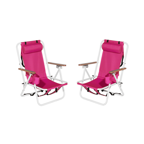 Folding Beach Chair Set of 2 for Adults, Portable Backpack Foldable Camping Chair with Headrest Cup Holder and Wooden Armrests, Rose Pink