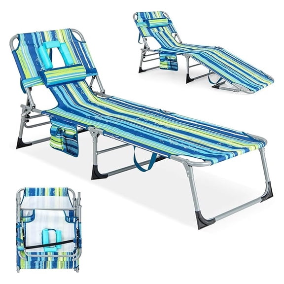 Folding Beach Chair, Tanning Lounge Chair with Face Hole, 5-Position Adjustable, Pillow & Pocket - Outdoor Sunbathing Chair for Beach, Camping