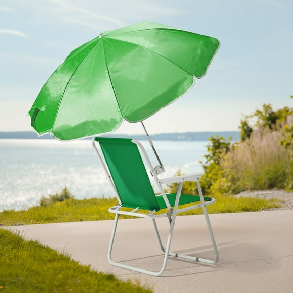 Folding Beach Chair with Umbrella and Cup Holder, Lightweight Portable Camping Chair for Adults, 265 Lbs Capacity, Oxford Fabric Canopy Chair with Carry Bag, for Travel, Picnic, Concert, Green