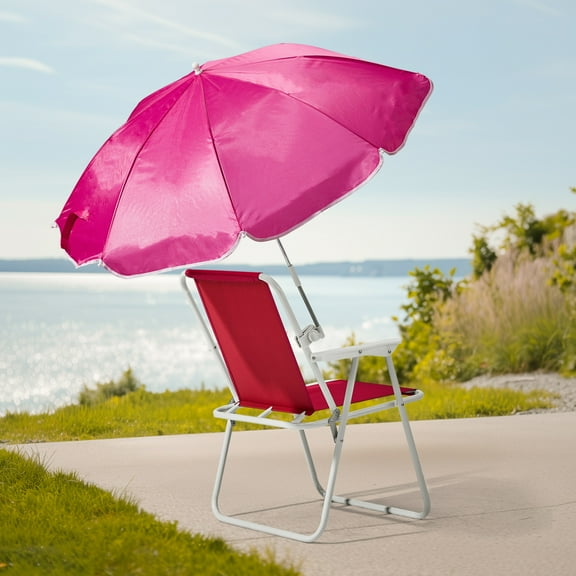 Folding Beach Chair with Umbrella and Cup Holder, Lightweight Portable Camping Chair for Adults, 265 Lbs Capacity, Oxford Fabric Canopy Chair with Carry Bag, for Travel, Picnic, Concert, Pink