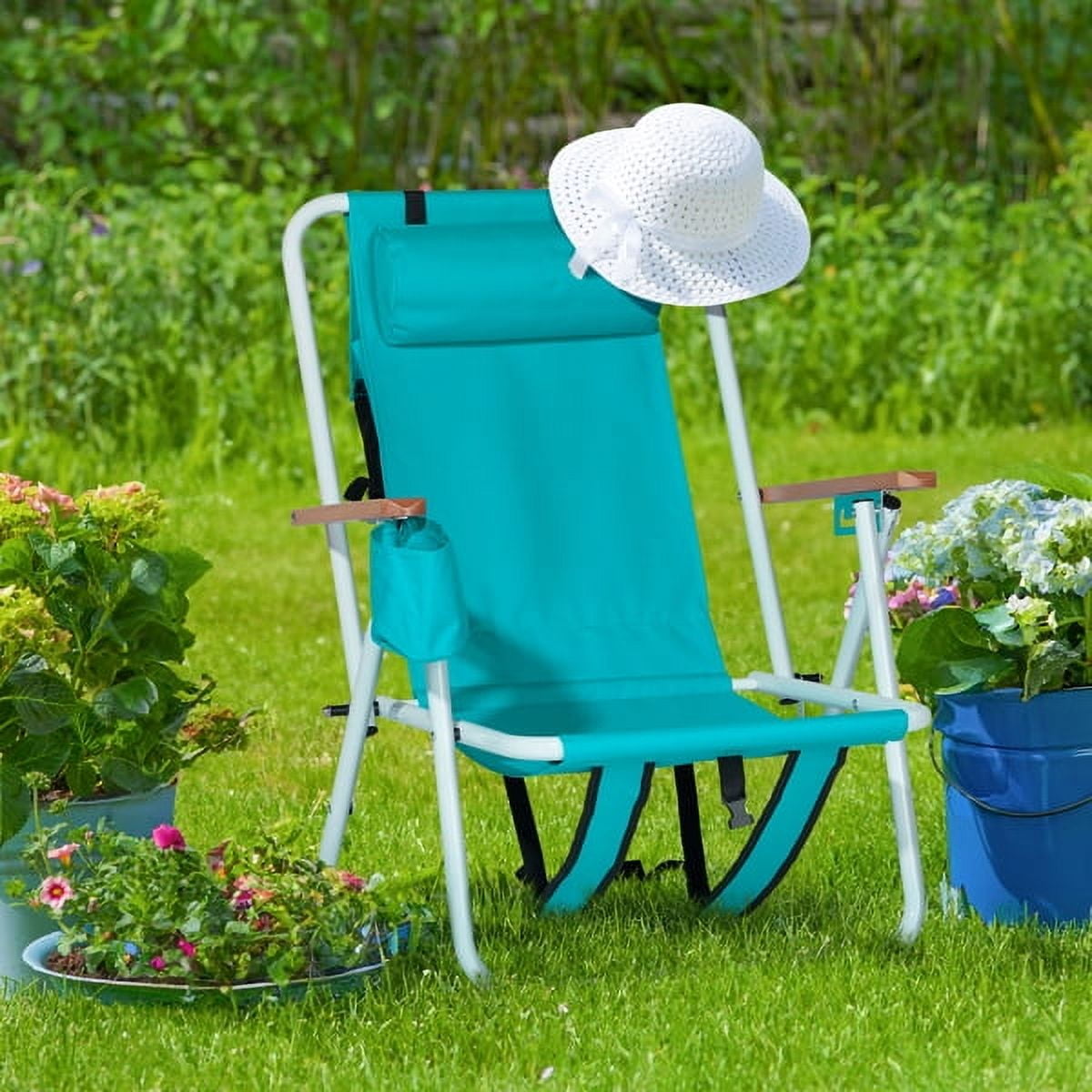 Folding Beach Chair with Backpack Straps, Camping Chair 4 Reclining Positions, Wooden Armrests & Cup Holder, 265lb Capacity