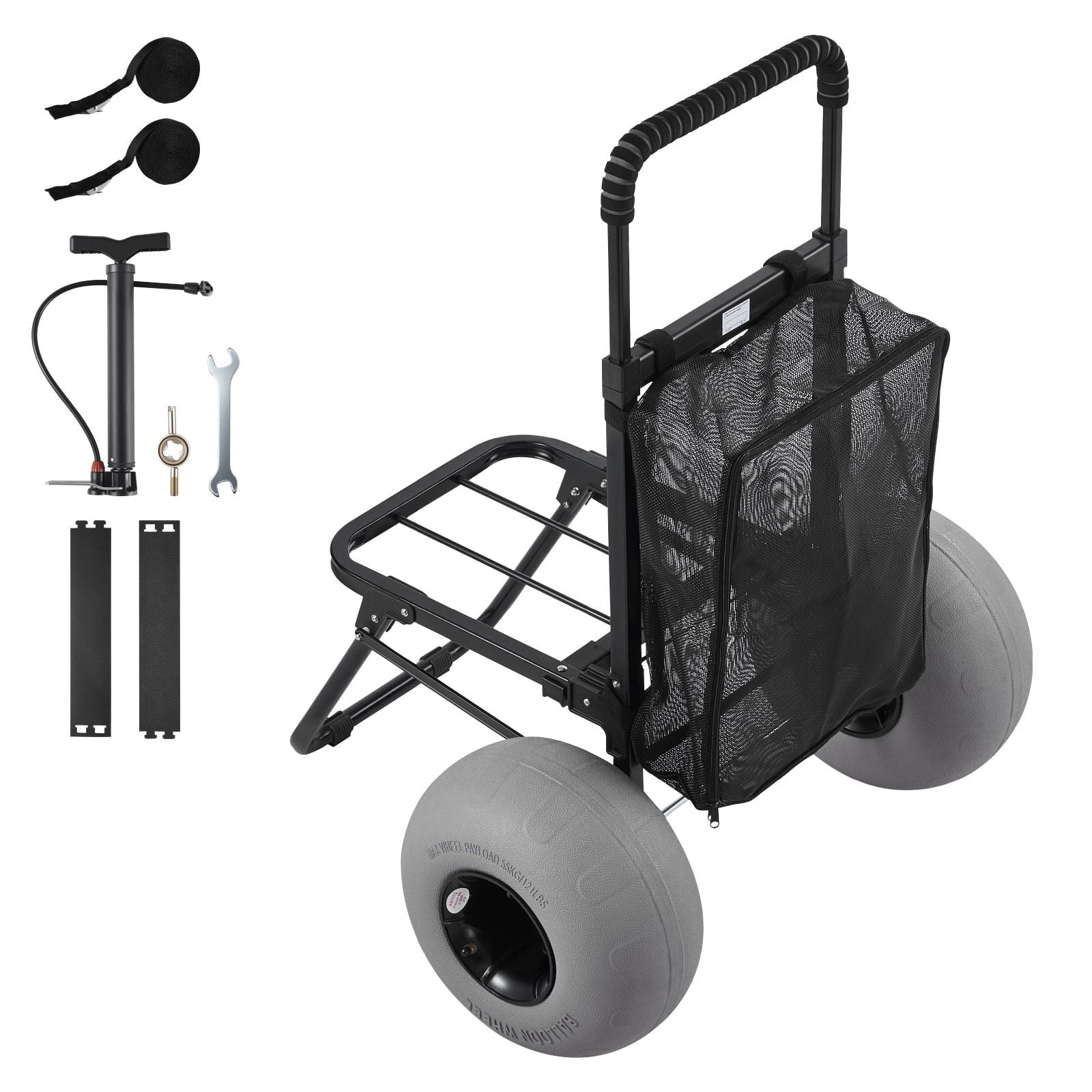 Folding Beach Dolly, 12" Balloon Wheels, 18"x15" Deck, 165 lbs, 34"-45" Height, Heavy Sand Cart for Camping