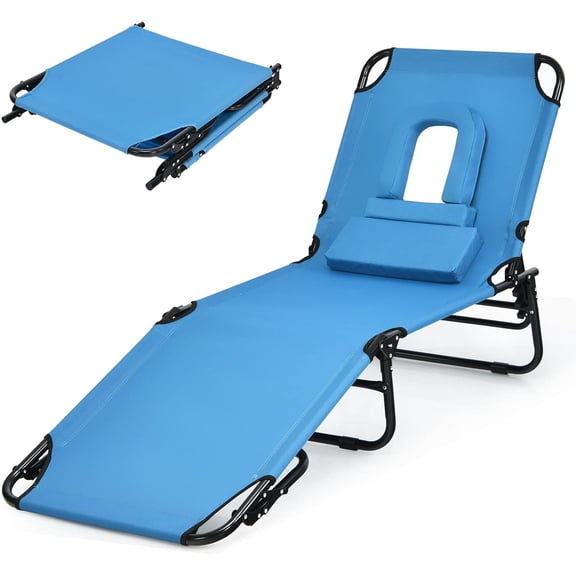 Folding Beach Lounge Chair w/ 5 Adjutable Backrest & Padded Pillow, Sunbathing Lounger Chair, Sun Tanning Lay Flat Chair for Seaside Pool Deck, Max Load 330 LBS, No Assembly Required (Blue)