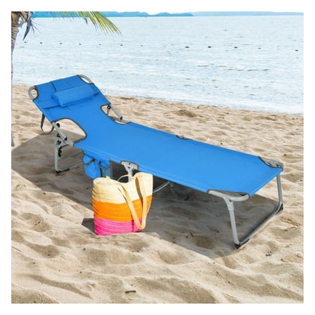 Folding Beach Lounge Chair with Pillow - Outdoor Recliner - Turquoise/Gray/Blue - 330lbs Capacity