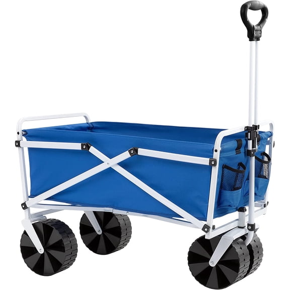 Folding Beach Wagon Collapsible Cart with Wheels Utility Shopping Basket Everyday Carrying Wagon Large Outdoor Cart Heavy-Duty Beach Utility Caddy (Royal Blue)
