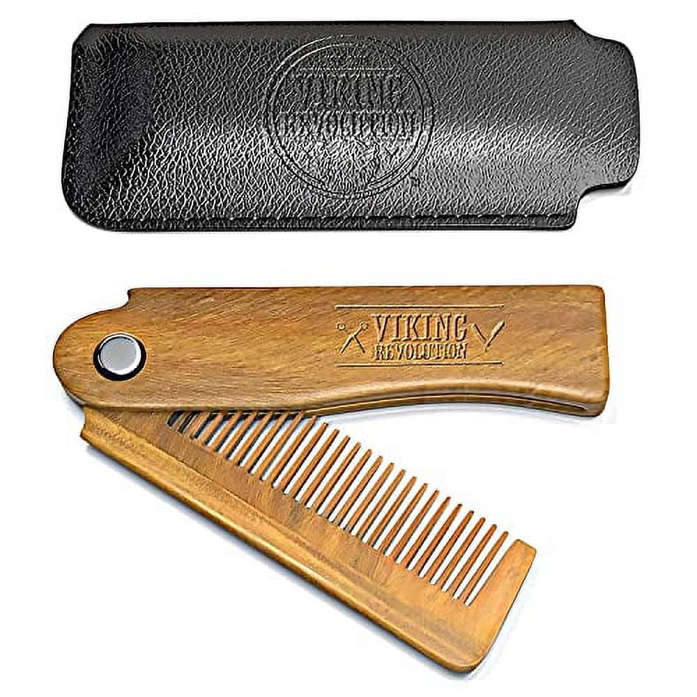Folding Beard Comb w/Carrying Pouch for Men All Natural Wooden Beard