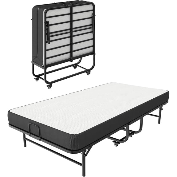 Folding Bed with 4" Memory Foam Mattress for Adults, Cot Size Portable Foldable Bed Beds, 75" x 31" Rollaway Bed for Guest with Metal Frame & Lockable Wheels, Easy Storage