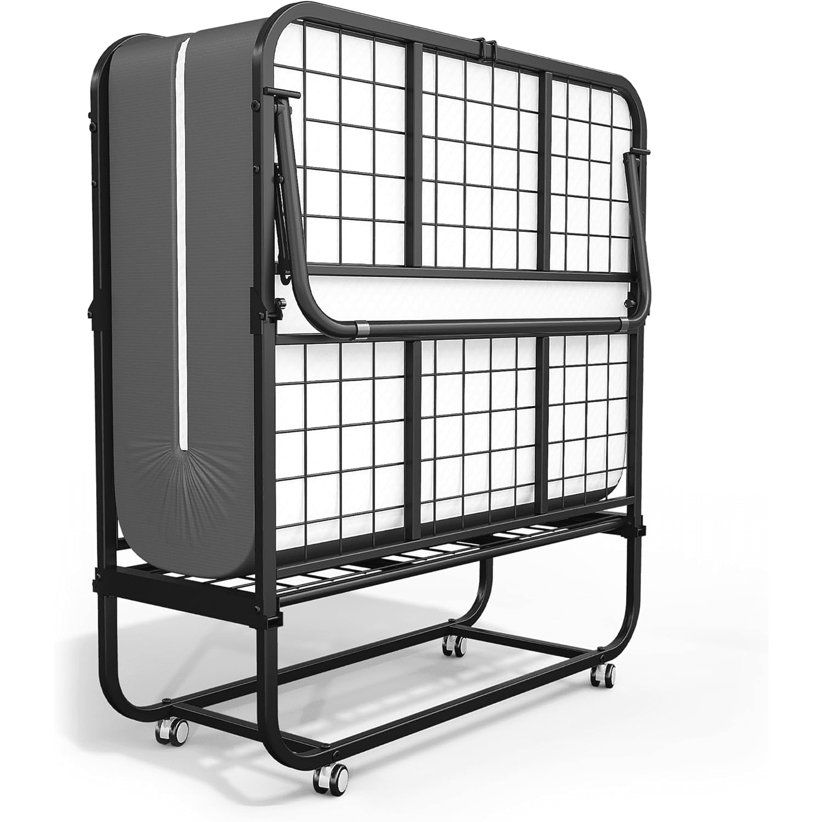 Folding Bed with 5" Mattress, Roll Away Beds for Adults, Portable Foldable Bed, 75" x 31" Cot Size Fold up Bed with Metal Frame on Wheels, Space Saving