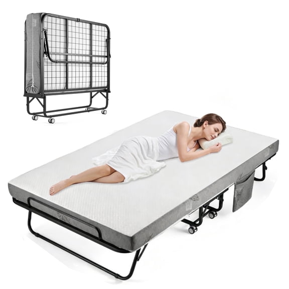Extra Wide Folding Bed with Memory Foam Mattress, Heavy Duty Steel Frame, Portable Rollaway Guest Bed with Wheels for Adults