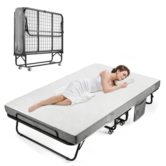 Extra Wide Folding Bed with Memory Foam Mattress, Heavy Duty Steel Frame, Portable Rollaway Guest Bed with Wheels for Adults