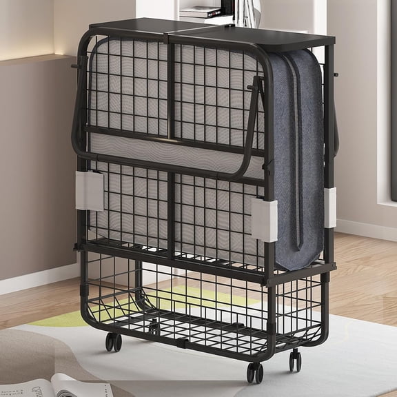 Folding Bed,75" x 31" Rollaway Bed with 5”Thickness Mattress & Storage Shelf for Adults,High Rebound Foam Filling,Folding Bed with Storage Cover,Steel Frame with 4 Movable and Lockable Wheels