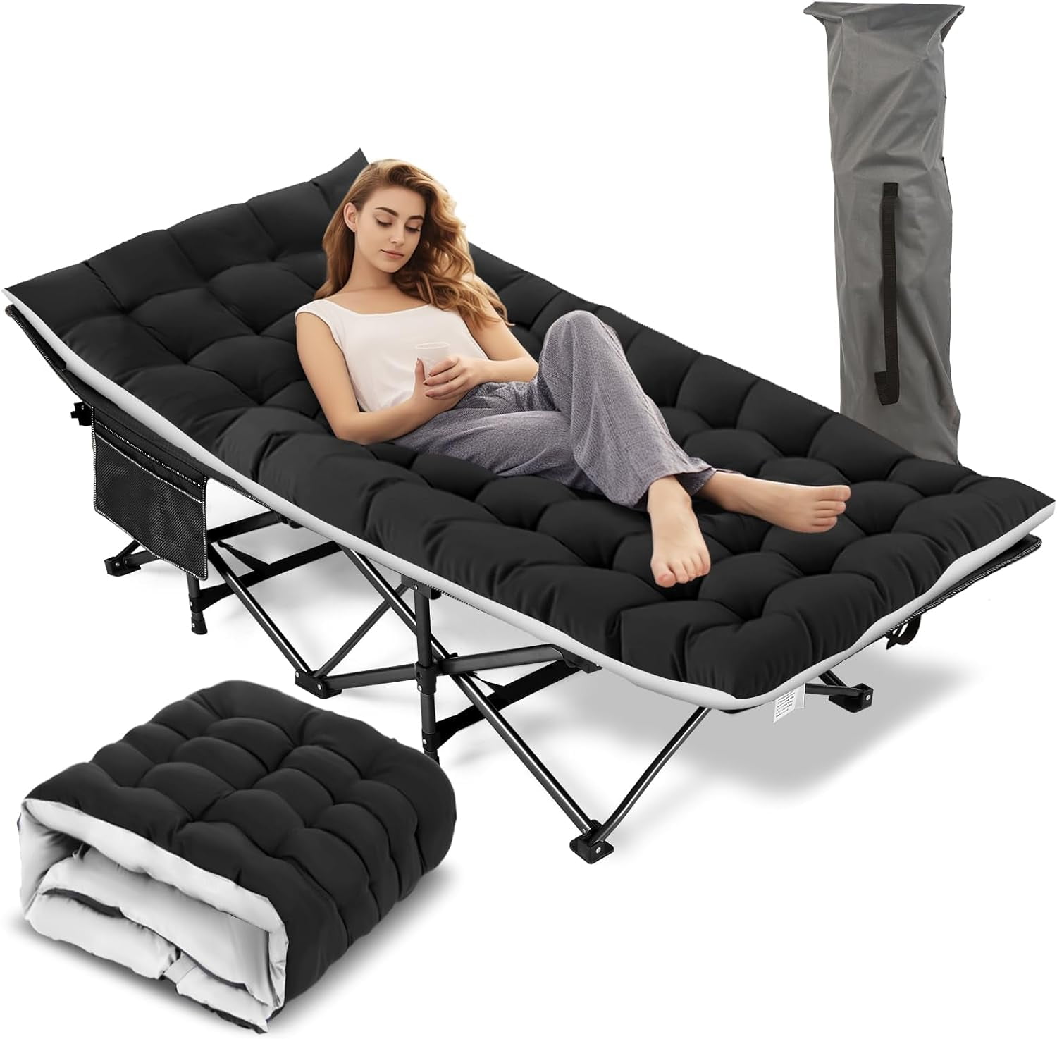 Folding Bed Cot with Mattress & Carry Bag, 75x28in Folding Camping Cot