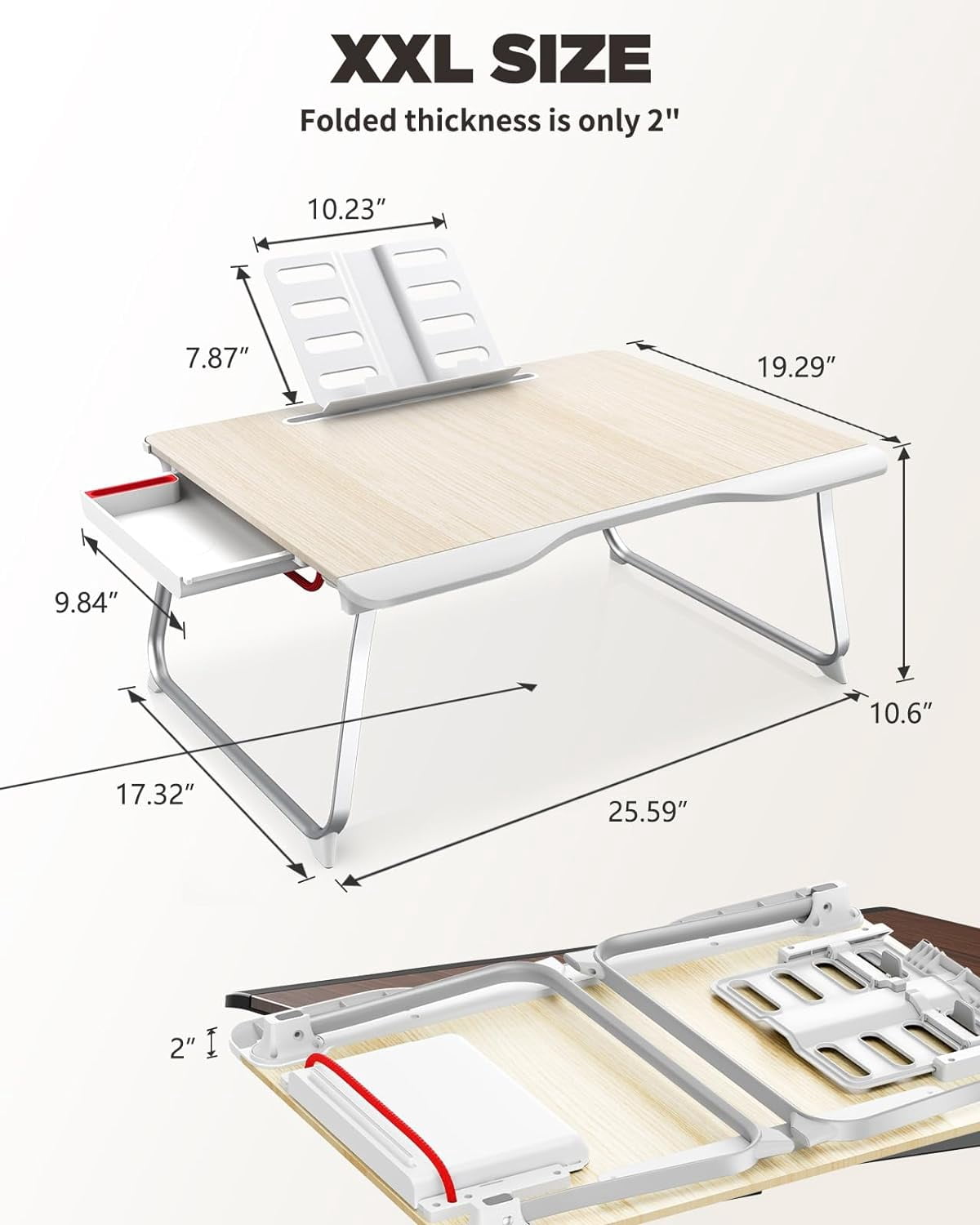Extra Large Folding Bed Desk for Laptop, Ergonomic Wood Tray Table with Storage for Gaming, Eating, Writing, Portable Floor Stand for Adults and Kids, Teak