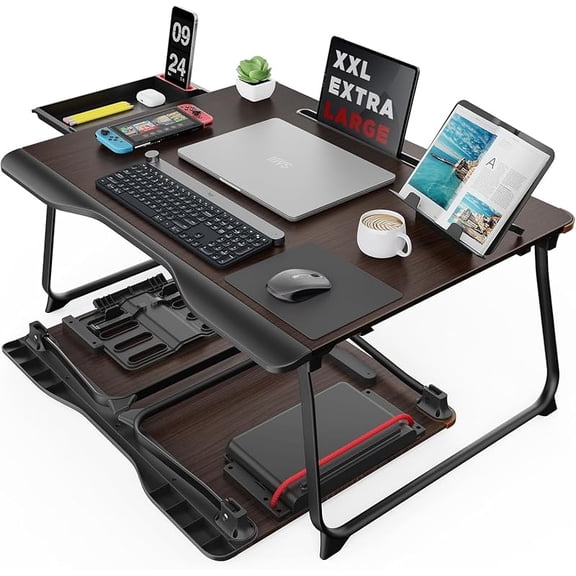 Folding Bed Desk for Laptop, Eating Breakfast, Writing, Gaming, Extra Large 25.6" x 19.3" Portable Floor Stand Laptop Desk Table for Adult,Kids, Wood Bed Tray Table Lap Desk