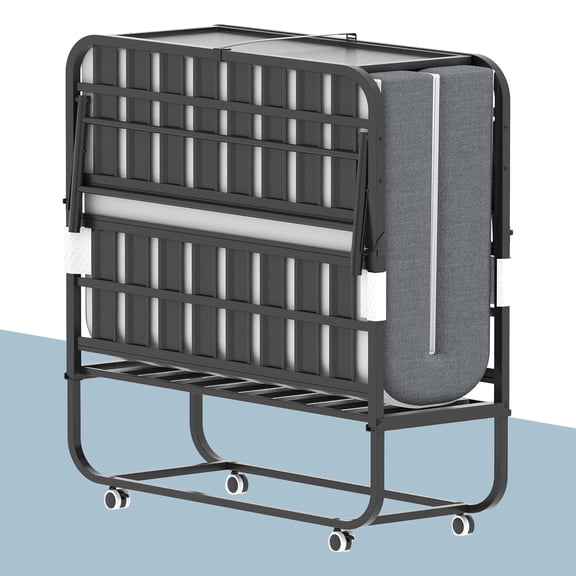 BIZOEIRON Folding Bed with 5 inch Mattress, 74" x 38" Twin Size Rollaway Guest Bed with Headboard for Adults, Heavy Duty Metal Frame