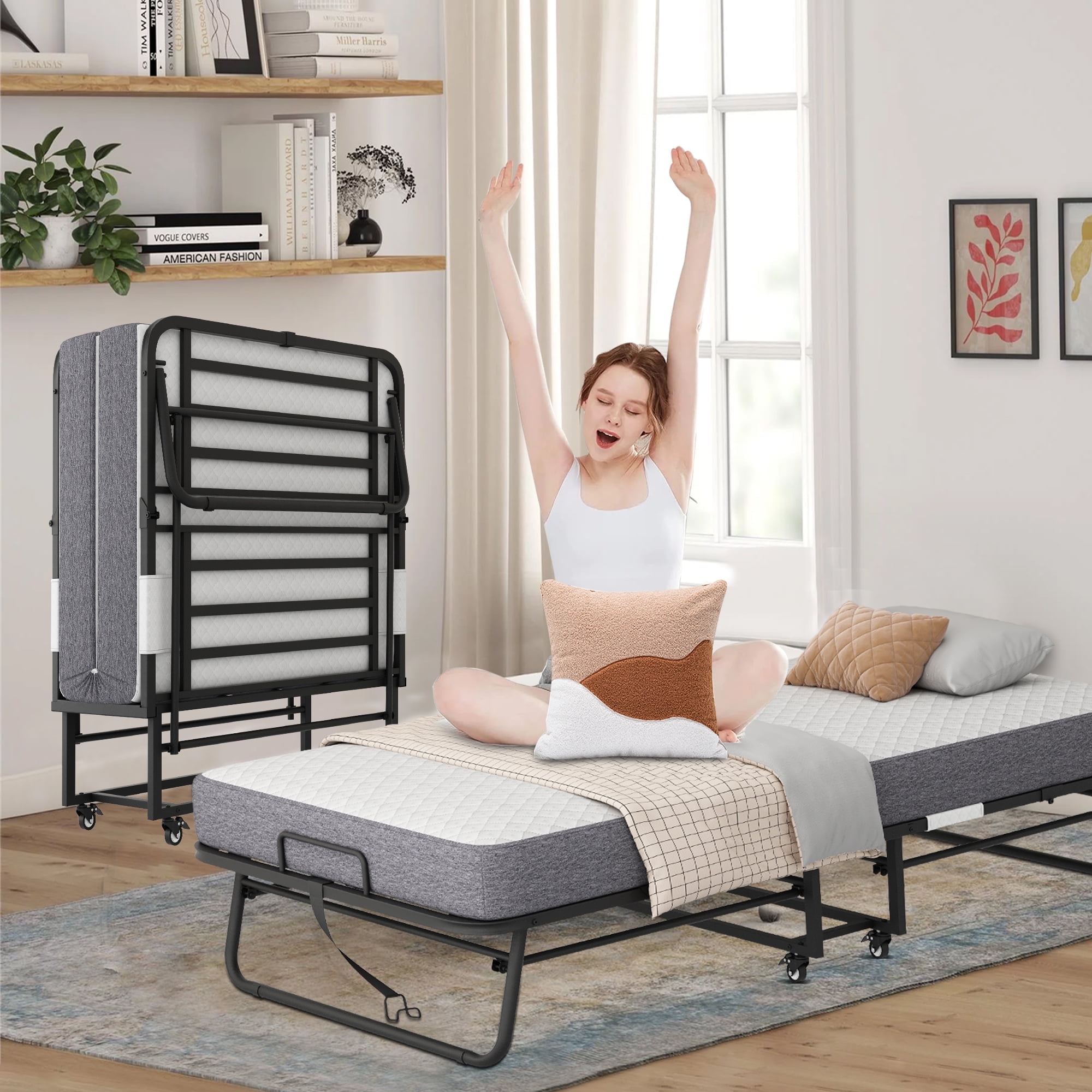 Rollaway Bed With Mattress Twin Size Folding Cot Guest Bed