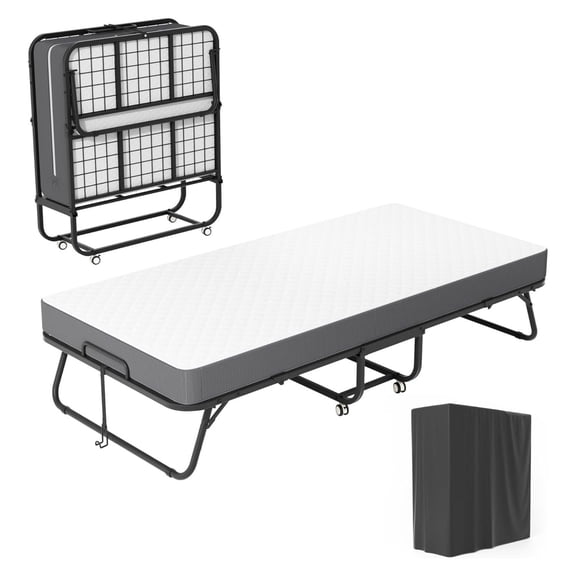 Folding Bed with Mattress 75 x 38 Inch Portable Rollaway Bed with 5 Inch Memory Foam Mattress, Space Saving Sturdy Steel Frame Guest Bed, Easy Fold Up Hideaway Bed for Camping, Office Nap, Renters