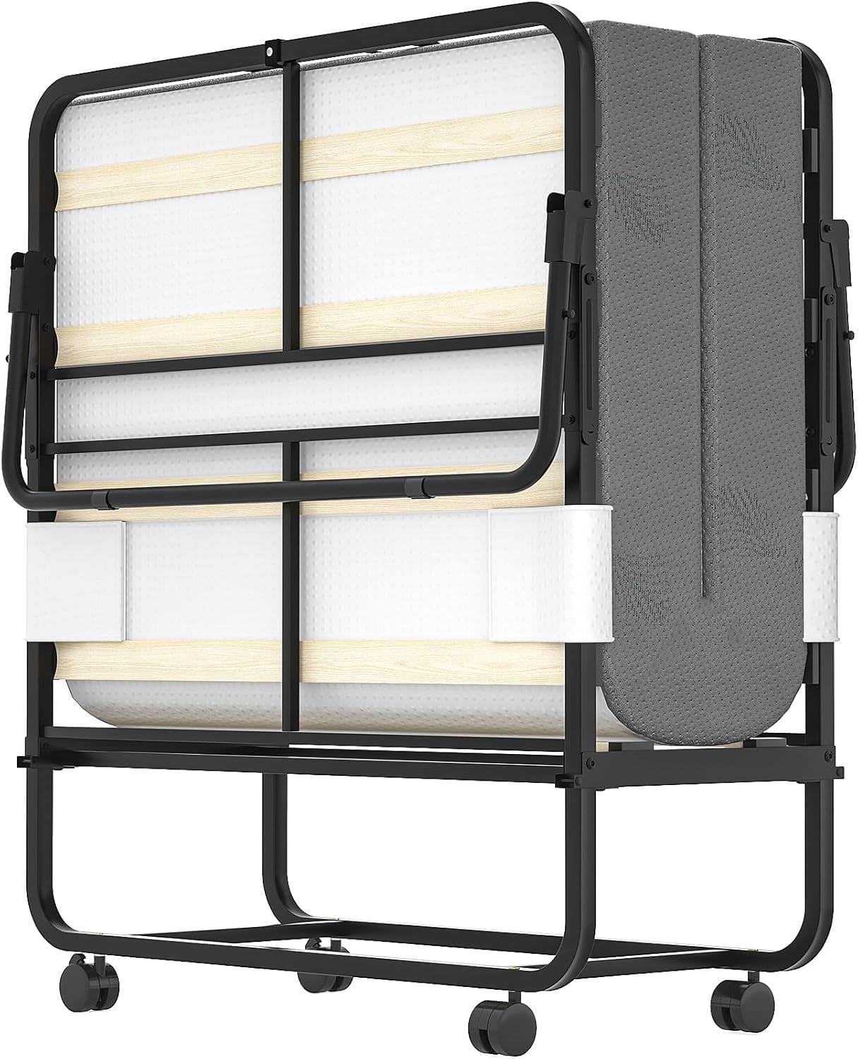 Folding Bed with Mattress, 75” x 38” Rollaway Bed for Adults, Portable Sturdy Folded Guest Bed on Wheels, Space Saving Foldable Bed with 5” Memory Foam Mattress, Cot Size Bed for Easy Storage