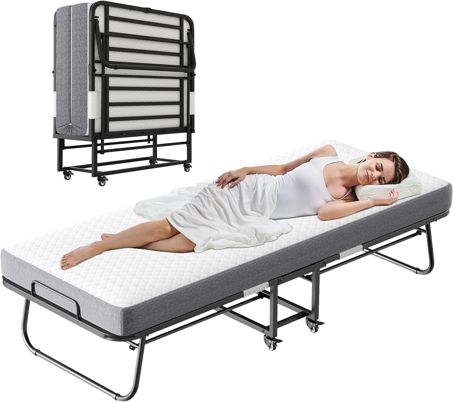 Folding Bed with Mattress, 75" x 38" Twin Size Rollaway Beds with Metal