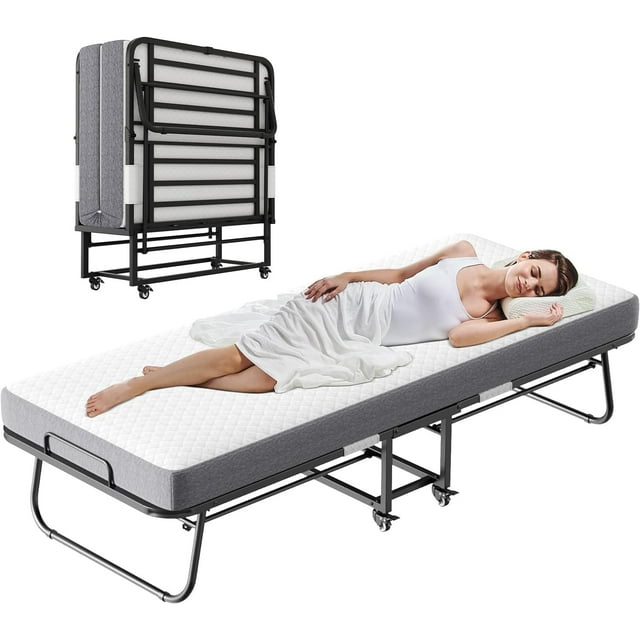 Folding Bed with Mattress, 75" x 38" Twin Size Rollaway Beds with Metal