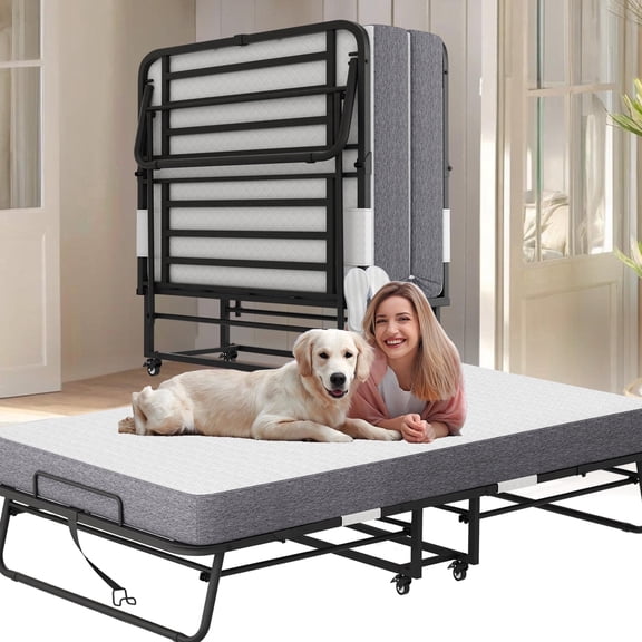 Folding Bed with Mattress 75" x 46" Twin XL Large Foldable Beds for Adults , Rollaway Portable Extra Bed with 5" Memory Foam Mattress Space-Saving Sturdy All Metal Pipe Frame