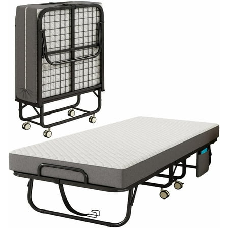 Folding Bed with Mattress for Adults, 75" x 31"Portable Cot-Size Rollaway Bed, Metal Frame Foldable Guest Bed with Memory Foam Mattress,Daybed or Extra Sleeping Space with Side Storage Pocket
