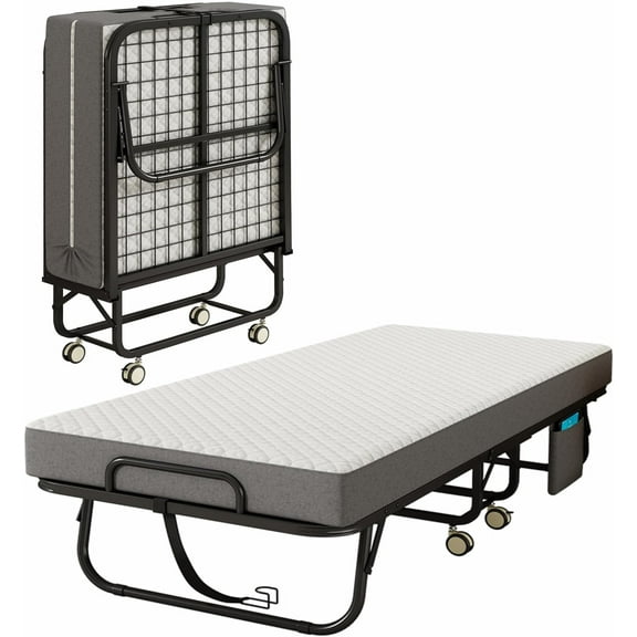 Folding Bed with Mattress for Adults, 75" x 31"Portable Cot-Size Rollaway Bed, Metal Frame Foldable Guest Bed with Memory Foam Mattress,Daybed or Extra Sleeping Space with Side Storage Pocket