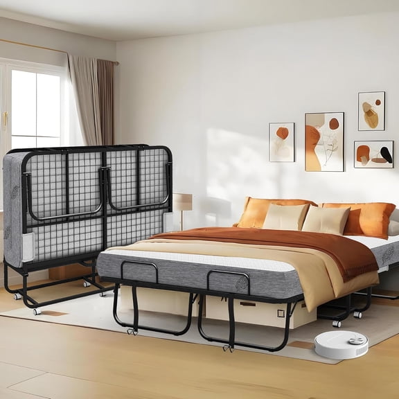 Folding Bed with Mattress Full Size 75 X 54 inch for Adults Extra Large Foldable Rollaway Portable Fold Up Guest Spare School Holiday Hotel Bed 5" Memory Foam Mattress on Wheels