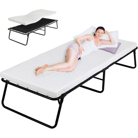 Folding Bed With Mattress, Portable Rollaway Guest Sleeper For Adults, Heavy Duty Metal Frame Sleeping Cot For Bedroom Living Room Office Camp, Quick Setup Space Saving Cot, Black, One Set